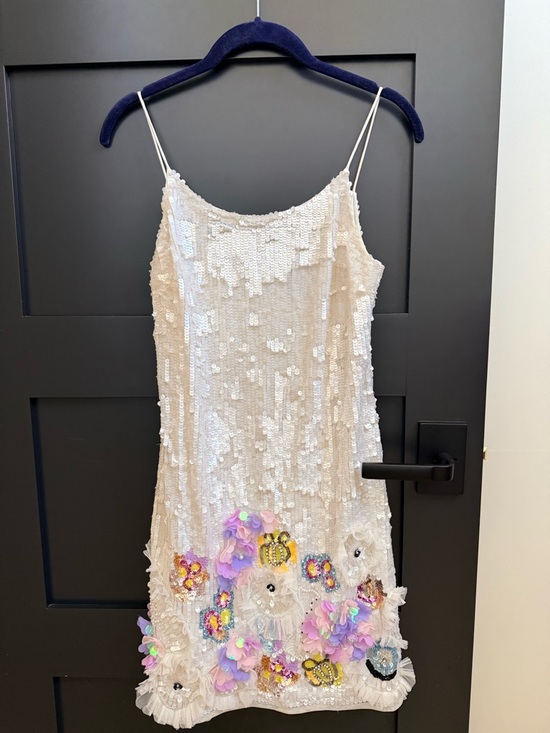 Mac Duggal Dresses & Skirts - MacDuggal Ivory Sequin Mini Dress with 3D Floral Embellishments